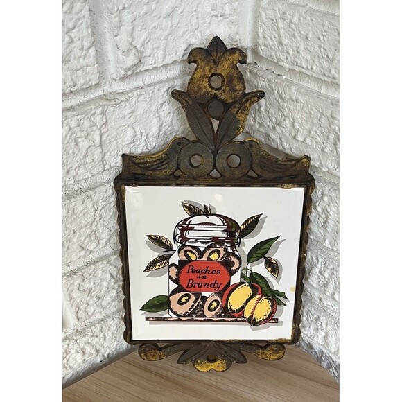 VTG Cast Iron Ceramic Tile Footed Trivet PEACHES in Brandy Rustic MCM Farmhouse - Picture 10 of 13